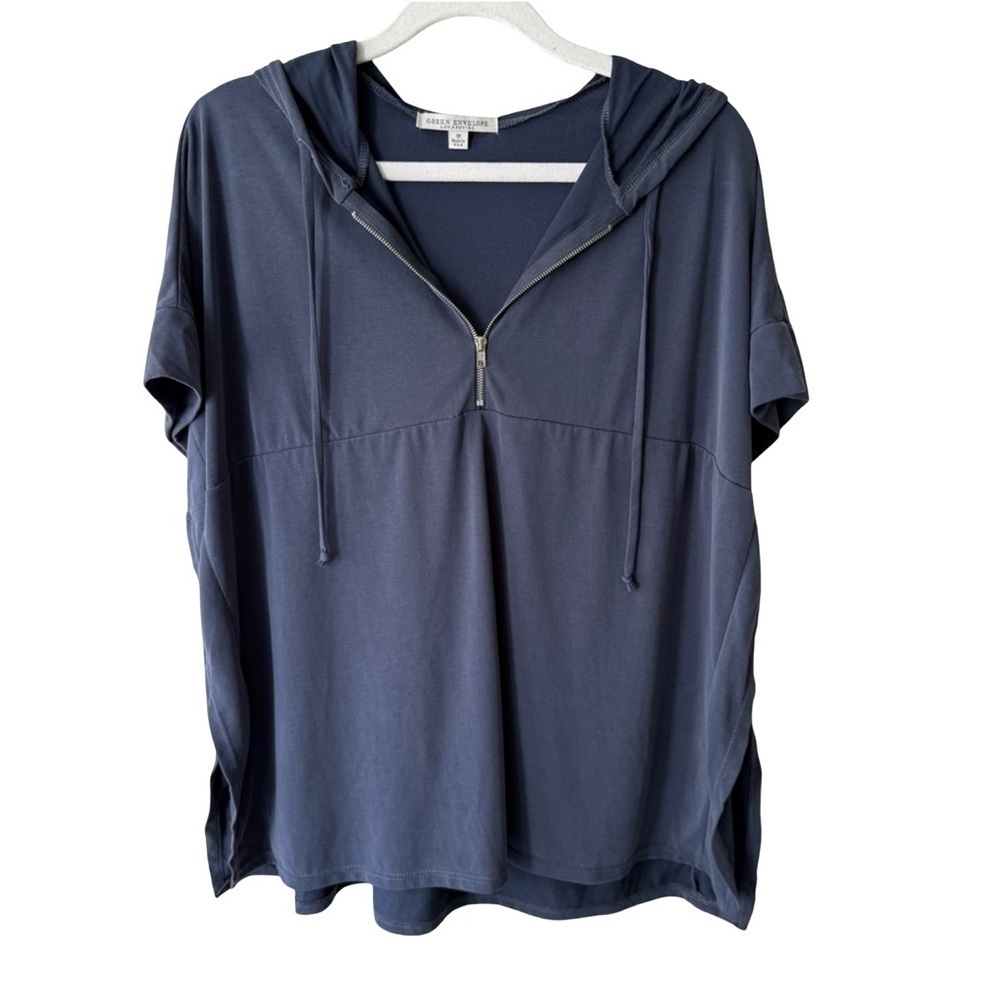 Green Envelope Blue Zippered Relaxed Tee Hoodie Side Slits Size M